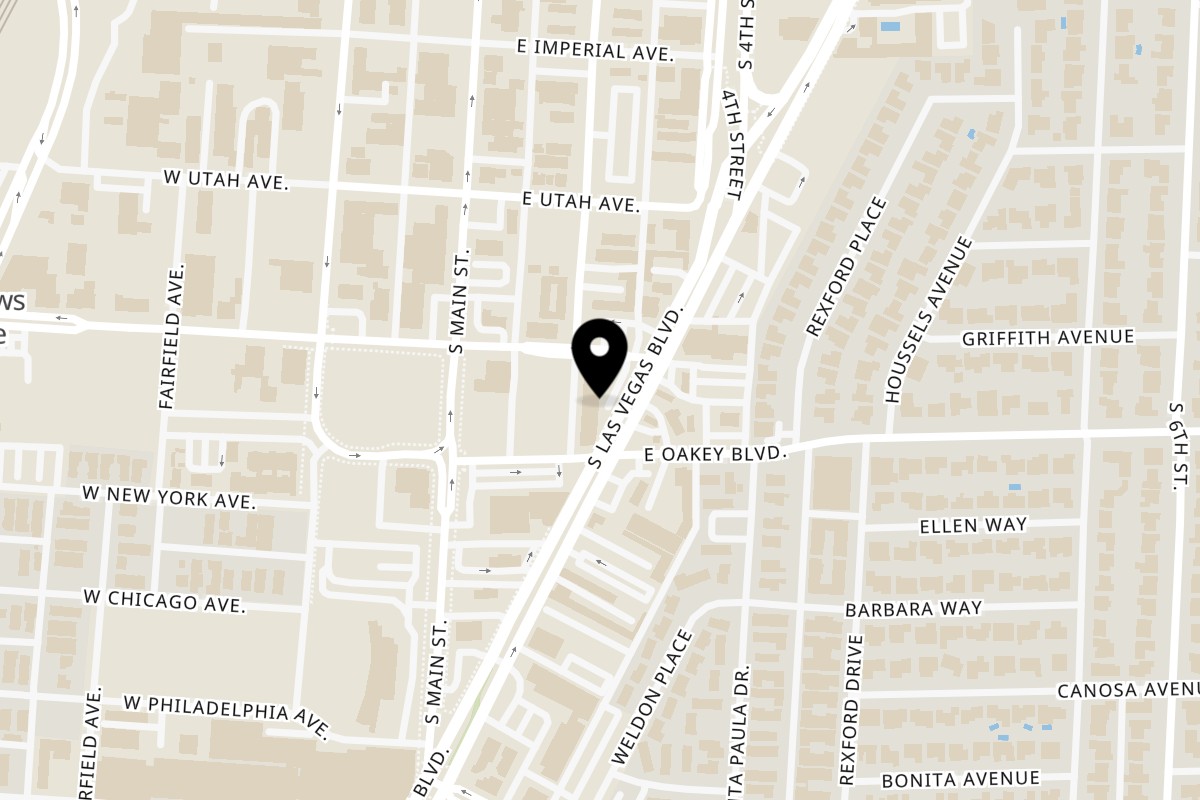 Map showing the location of Viva Las Arepas on 1616 South Las Vegas Boulevard in Las Vegas